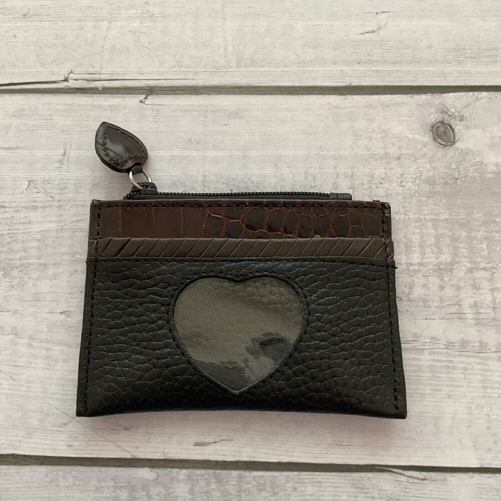 Brighton Black Leather Brown Croc Trim Heart Coin Change Purse Wallet Zip Pouch